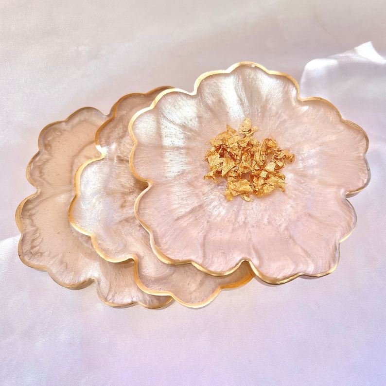 White Beige Cream and Gold Leaf Accented Flower Resin Coasters Set- Jasmin Renee Art