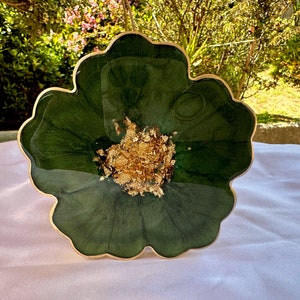 Handmade Forest Olive Green and Gold Flower Shaped Coasters Set - Jasmin Renee Art - Single Coaster Standing Up