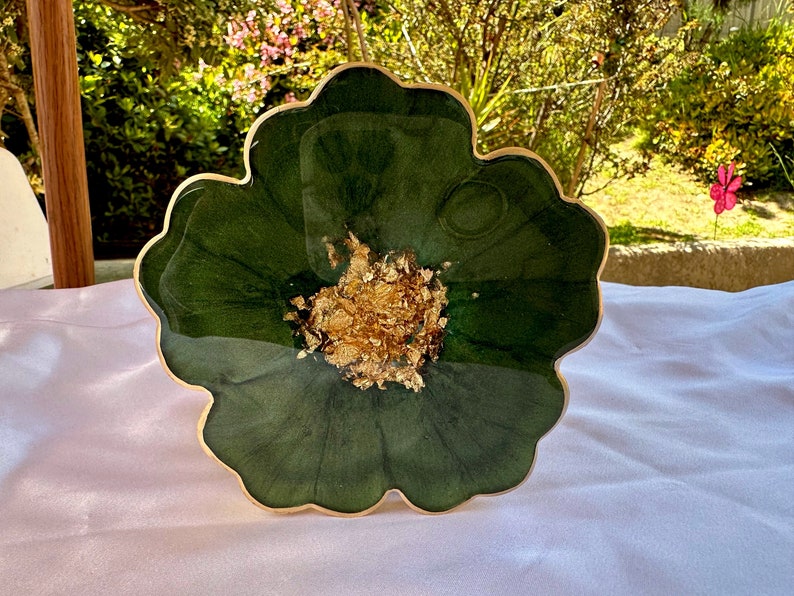 Handmade Forest Olive Green and Gold Flower Shaped Coasters Set - Jasmin Renee Art - Single Coaster Standing Up