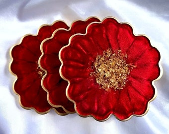 Crimson Cherry Red and Gold Flower Shaped Coasters