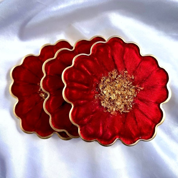 Crimson Cherry Red and Gold Flower Shaped Coasters