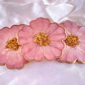 Handmade Cherry Blossom Baby Pastel Pink and Gold Flower Shaped Coasters Set - Jasmin Renee Art - Three Coasters