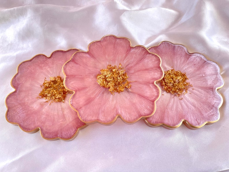 Handmade Cherry Blossom Baby Pastel Pink and Gold Flower Shaped Coasters Set - Jasmin Renee Art - Three Coasters