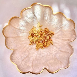 Handmade White Beige Cream and Gold Flower Shaped Coasters - Jasmin Renee Art - One Single Coaster View