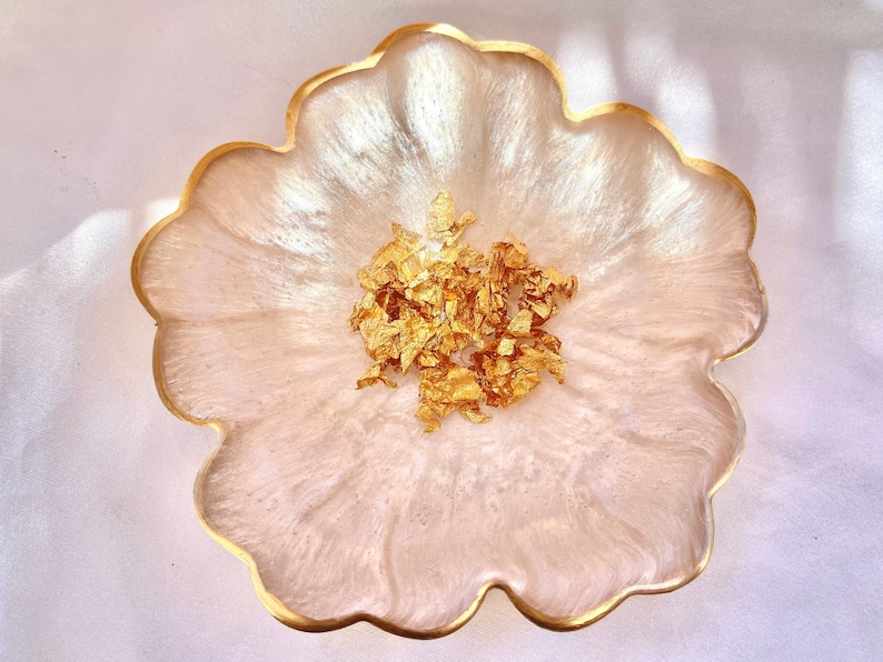 Handmade White Beige Cream and Gold Flower Shaped Coasters - Jasmin Renee Art - One Single Coaster View