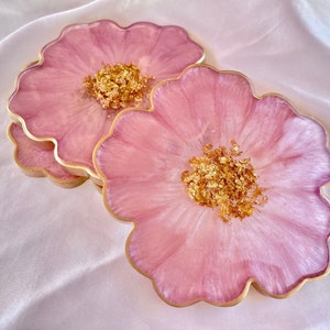 Handmade Cherry Blossom Baby Pastel Pink and Gold Flower Shaped Coasters - Jasmin Renee Art - Three Coasters