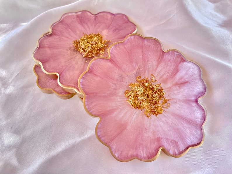 Handmade Cherry Blossom Baby Pastel Pink and Gold Flower Shaped Coasters - Jasmin Renee Art - Three Coasters