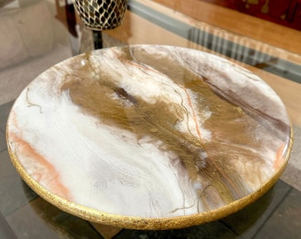 Warm Chocolate Brown Cream and Caramel Faux Marble Lazy Susan Turntable with Gold Leaf Trim