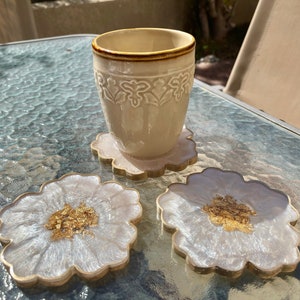 Handmade White Beige Cream and Gold Flower Shaped Coasters - Jasmin Renee Art - Three Coasters with Cup