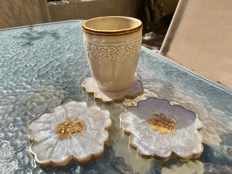 Handmade White Beige Cream and Gold Flower Shaped Coasters - Jasmin Renee Art - Three Coasters with Cup