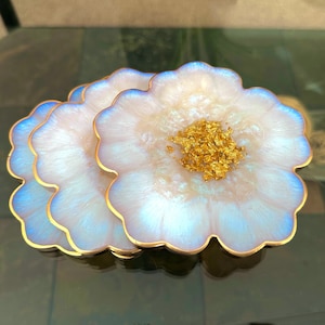 Iridescent White Opal and Gold Flower Shaped Coasters