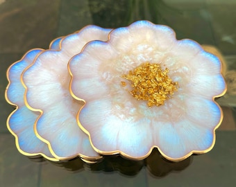 Iridescent White Opal and Gold Flower Shaped Coasters