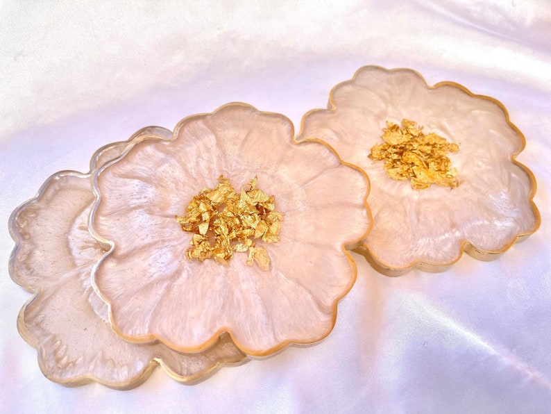 Handmade White Beige Cream and Gold Flower Shaped Coasters - Jasmin Renee Art - Three Coasters