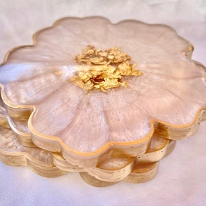 Handmade White Beige Cream and Gold Flower Shaped Coasters - Jasmin Renee Art - Three Coasters Stacked