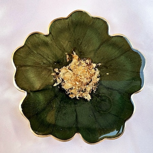 Handmade Forest Olive Green and Gold Flower Shaped Coasters Set - Jasmin Renee Art - Single Coaster View