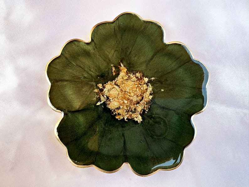 Handmade Forest Olive Green and Gold Flower Shaped Coasters Set - Jasmin Renee Art - Single Coaster View