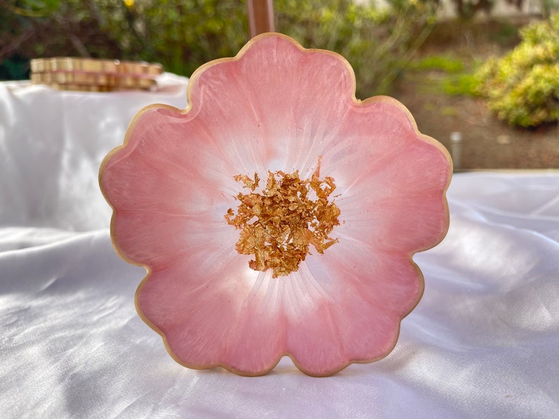 Handmade Cherry Blossom Baby Pastel Pink and Gold Flower Shaped Coasters - Jasmin Renee Art - Single Coaster