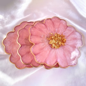 Cherry Blossom Baby Pink and Gold Flower Shaped Coasters image 1