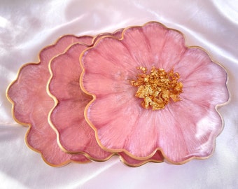 Cherry Blossom Baby Pink and Gold Flower Shaped Coasters