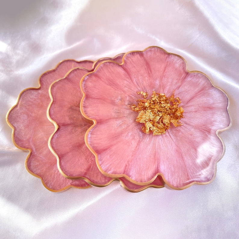 Cherry Blossom Baby Pink and Gold Flower Shaped Coasters image 1