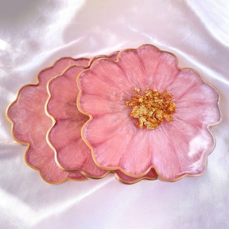 Cherry Blossom Baby Pink and Gold Flower Shaped Coasters image 1