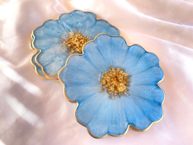 Handmade Baby Sky Blue and Gold Flower Shaped Coasters - Jasmin Renee Art - Three Coasters