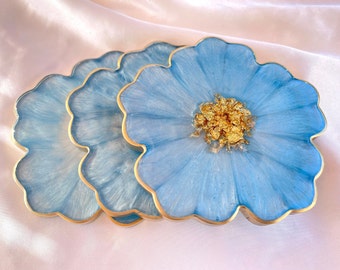 Baby Sky Blue and Gold Flower Shaped Coasters