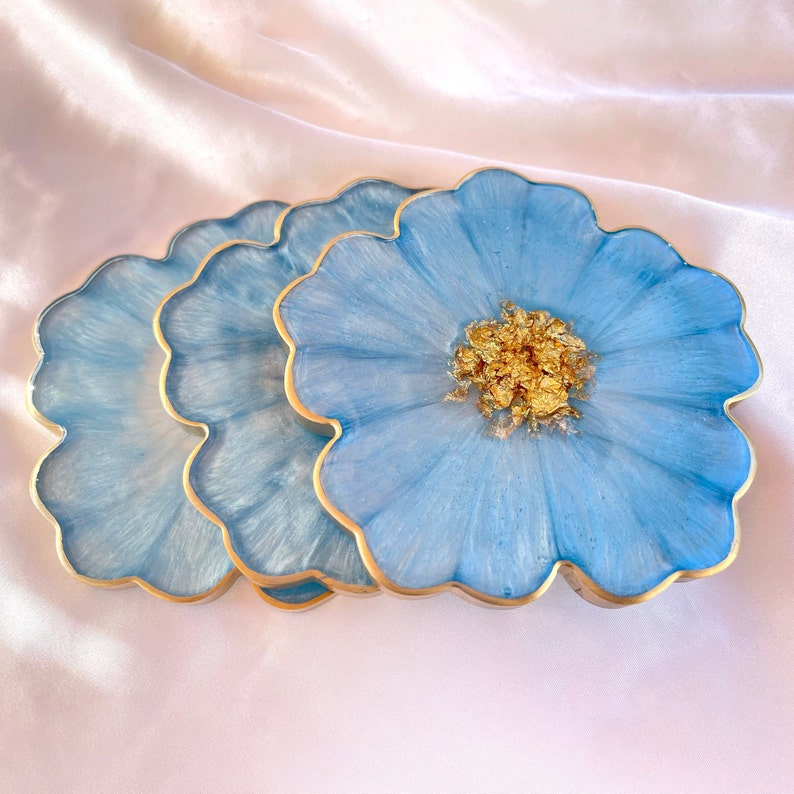 Baby Sky Blue and Gold Flower Shaped Coasters image 1