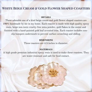 White Beige Cream and Gold Leaf Accented Flower Resin Coasters Set- Jasmin Renee Art - Floral Flower Coasters Description and Details