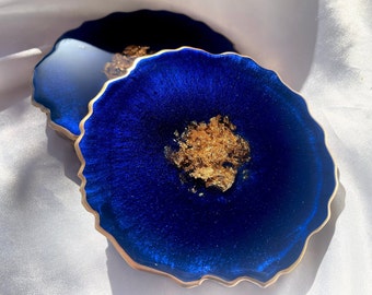 Deep Ocean Navy Blue and Gold Accented Elegant Large Geode Style Coasters