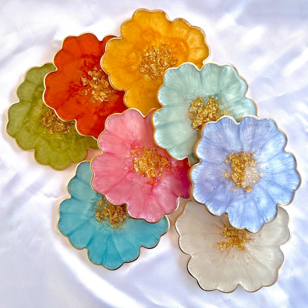 Spring Bloom Collection - Gold Accented Flower Handmade Resin Coasters