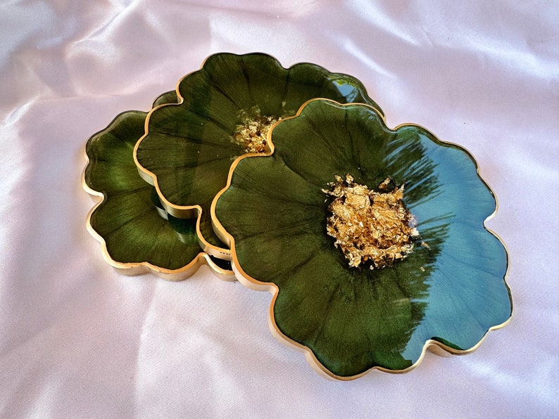Handmade Forest Olive Green and Gold Flower Shaped Coasters Set - Jasmin Renee Art - Three Coasters