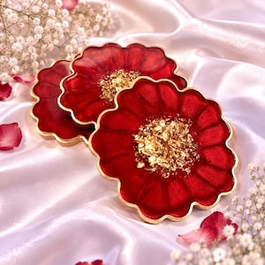 Crimson Cherry Red and Gold Flower Shaped Coasters