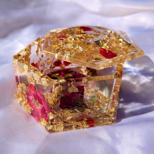 Handmade Gold Rose Resin Hexagon Trinket Box