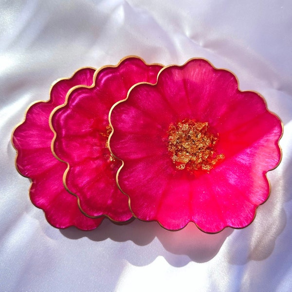 Fuchsia Hot Pink Magenta and Gold Flower Shaped Coasters