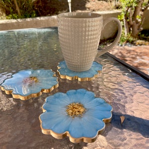 Handmade Baby Sky Blue and Gold Flower Shaped Coasters - Jasmin Renee Art - Three Coasters with Cup