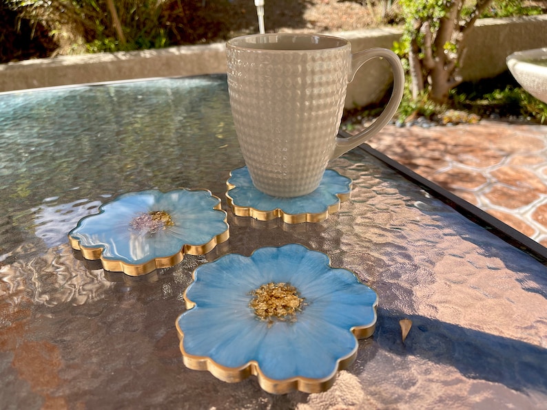 Handmade Baby Sky Blue and Gold Flower Shaped Coasters - Jasmin Renee Art - Three Coasters with Cup