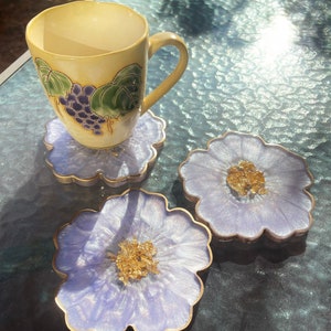 Handmade Orchid Violet Lavender Lilac Purple and Gold Flower Shaped Coasters - Jasmin Renee Art - Three Coasters with Cup