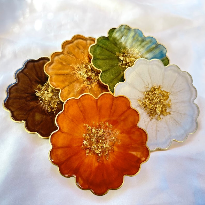 Fall Collection Gold Accented Flower Handmade Resin Coasters image 9
