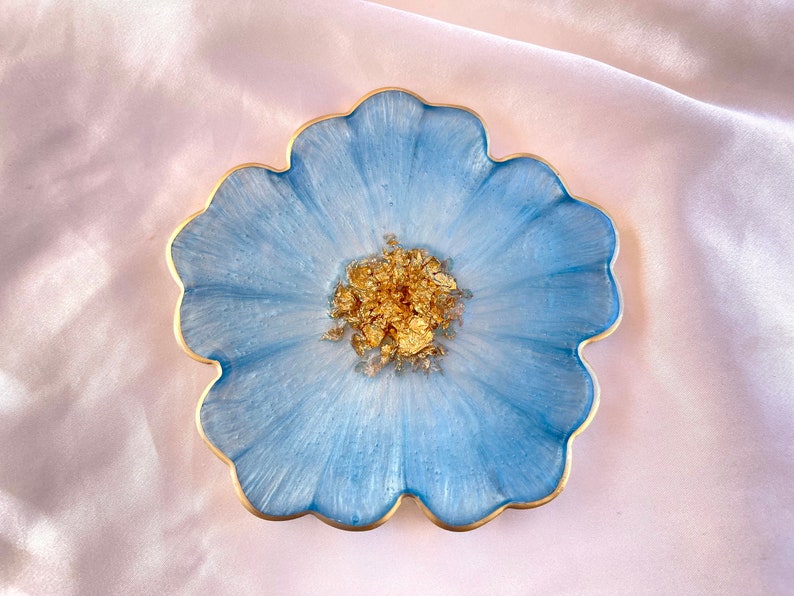 Handmade Baby Sky Blue and Gold Flower Shaped Coasters - Jasmin Renee Art - One Single Coaster View