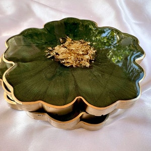 Handmade Forest Olive Green and Gold Flower Shaped Coasters Set - Jasmin Renee Art - Three Coasters Stacked