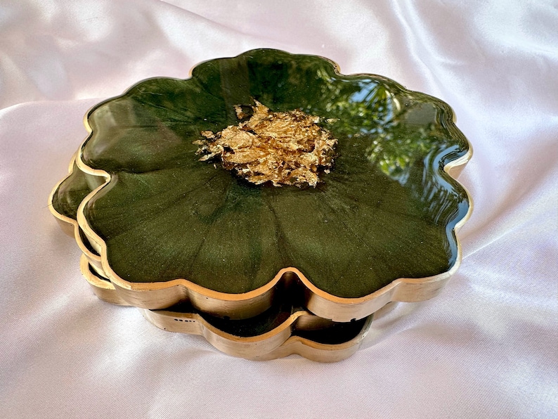 Handmade Forest Olive Green and Gold Flower Shaped Coasters Set - Jasmin Renee Art - Three Coasters Stacked
