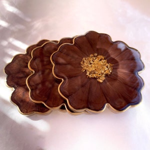 Chocolate Mocha Brown and Gold Flower Shaped Coasters