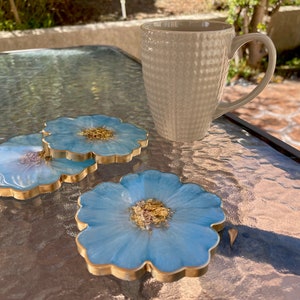 Handmade Baby Sky Blue and Gold Flower Shaped Coasters - Jasmin Renee Art - Three Coasters with Cup