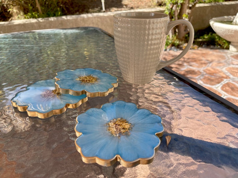 Handmade Baby Sky Blue and Gold Flower Shaped Coasters - Jasmin Renee Art - Three Coasters with Cup