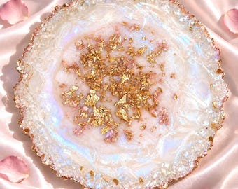 Iridescent White Opal and Gold Crushed Glass Accented Geode Vanity Tray
