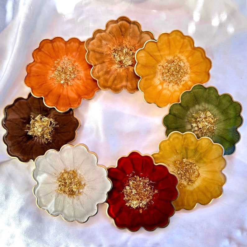 Fall Collection Gold Accented Flower Handmade Resin Coasters image 2