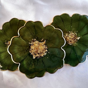 Handmade Forest Olive Green and Gold Flower Shaped Coasters Set - Jasmin Renee Art - Three Coasters