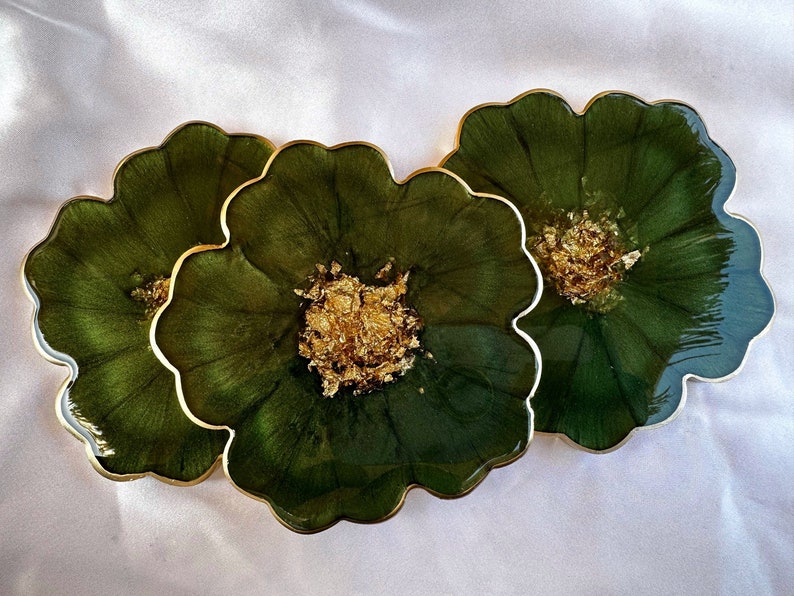 Handmade Forest Olive Green and Gold Flower Shaped Coasters Set - Jasmin Renee Art - Three Coasters