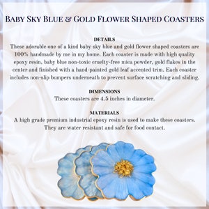 Baby Sky Blue  and Gold Leaf Accented Flower Resin Coasters Set- Jasmin Renee Art - Floral Flower Coasters Description and Details